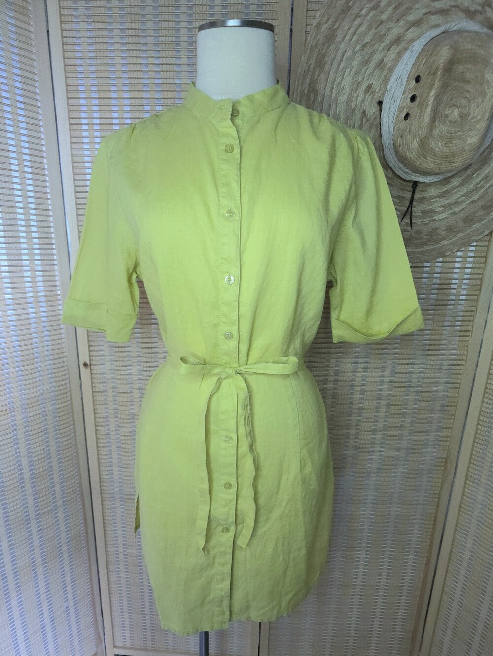 Chartreuse Green Button-down Tie-waist tunic style shirt / shirtdress size S/M - Picture 3 of 9
